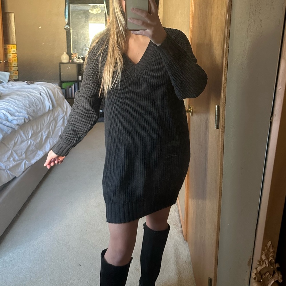 Express Charcoal Gray V-Neck Sweater Dress